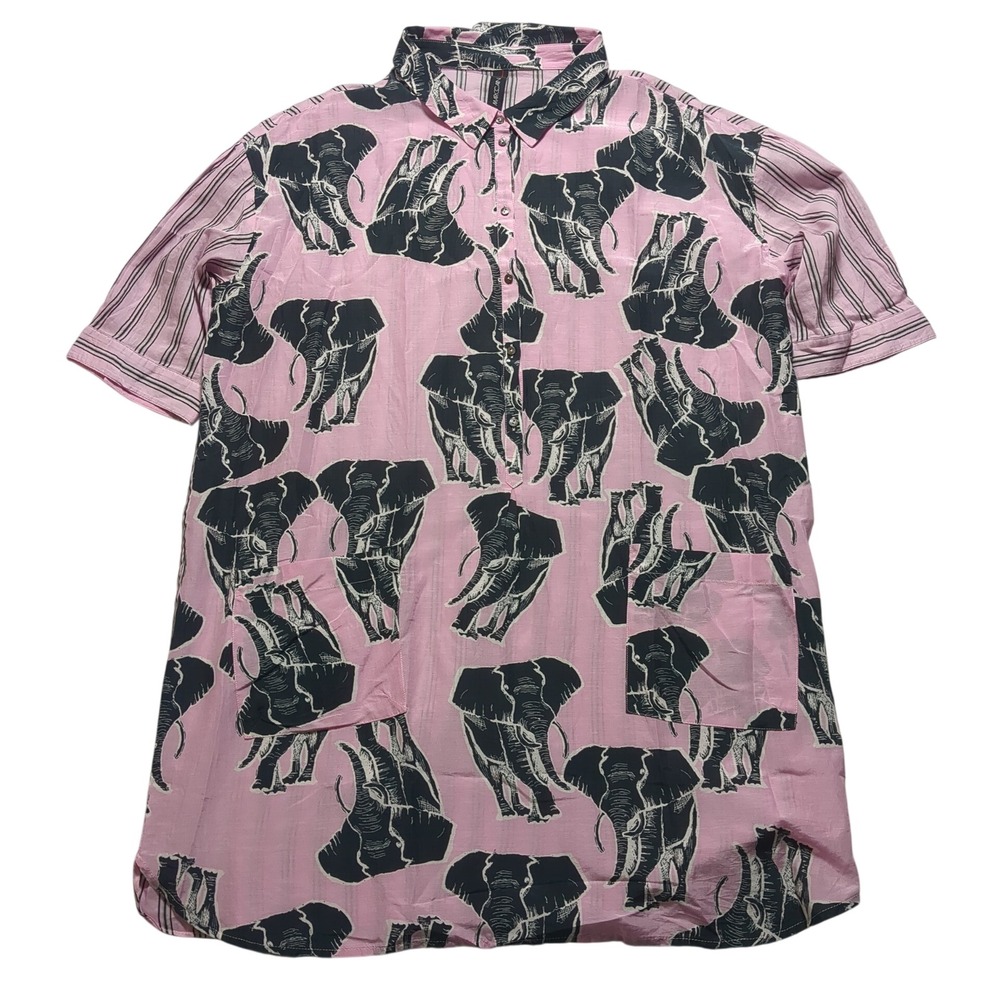 Marc Cain Elephant Print Striped Cotton Silk Shirt Dress Pink Size N3 Medium EUC